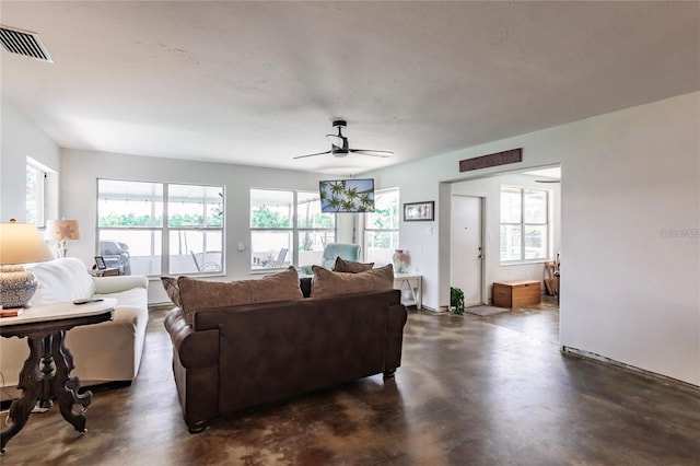 living room with ceiling fan