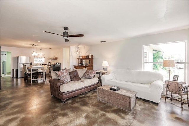 living room with ceiling fan