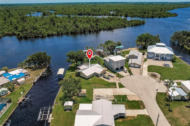 drone / aerial view with a water view