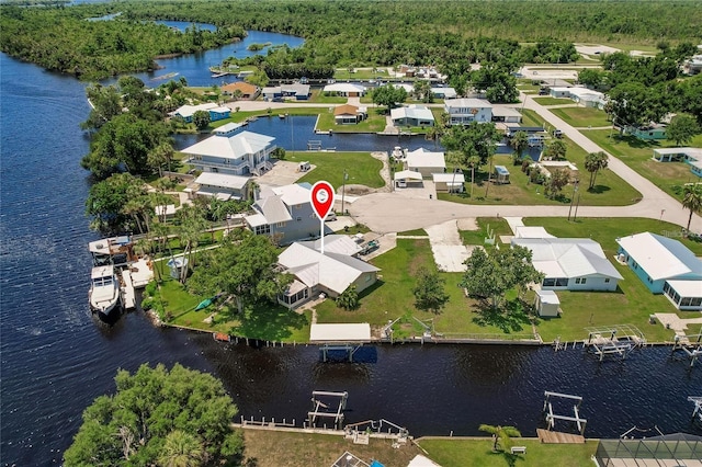 drone / aerial view with a water view