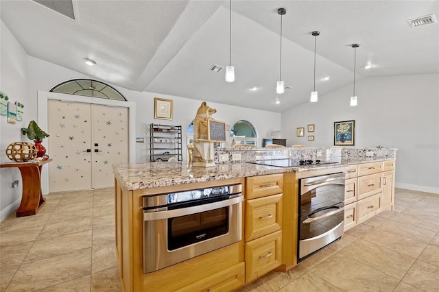 kitchen with a spacious island, vaulted ceiling, black electric cooktop, light stone countertops, and oven