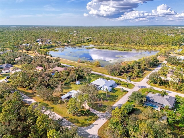 birds eye view of property with a water view and a forest view