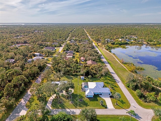 bird's eye view with a water view and a forest view