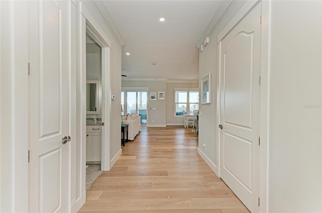 hall featuring ornamental molding and light wood-type flooring