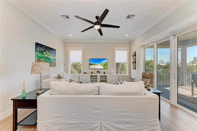 living room with crown molding, ceiling fan, and light wood-type flooring
