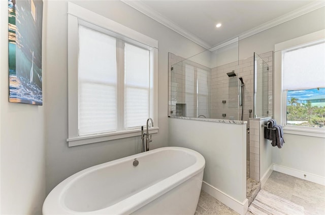 bathroom featuring crown molding and plus walk in shower