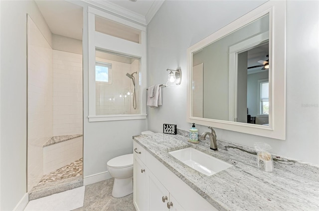 bathroom with a tile shower, vanity, plenty of natural light, and toilet