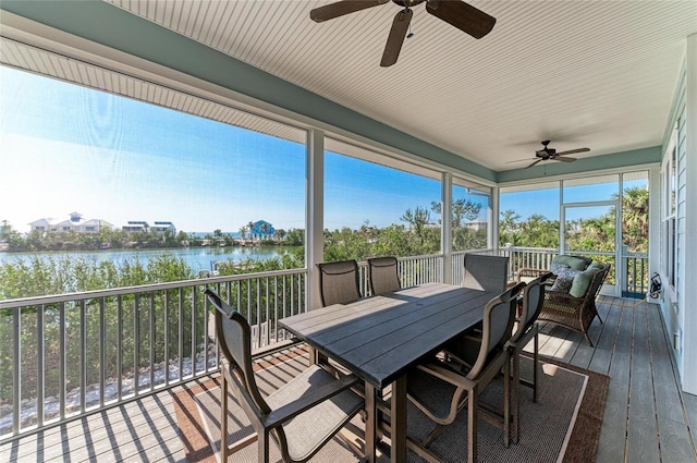 sunroom / solarium with ceiling fan and a water view