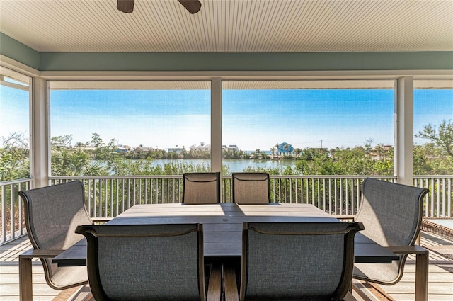 sunroom / solarium featuring a water view, a healthy amount of sunlight, and ceiling fan