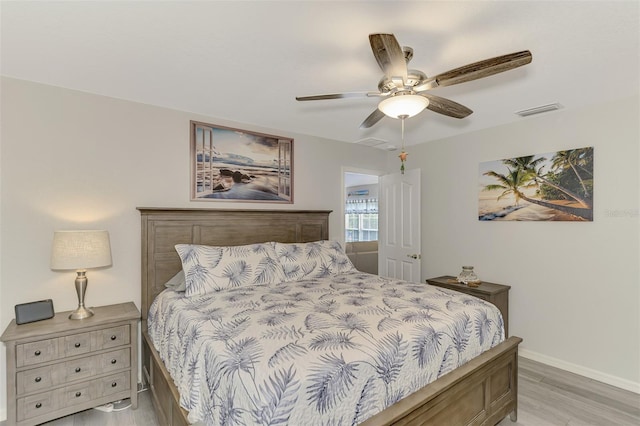 bedroom featuring ceiling fan and light hardwood / wood-style floors