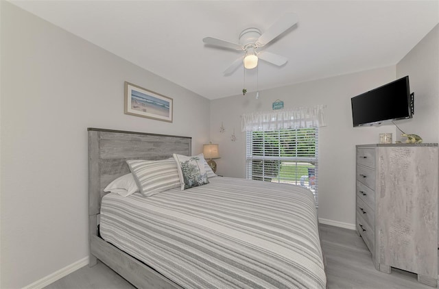 bedroom with ceiling fan and light wood-type flooring