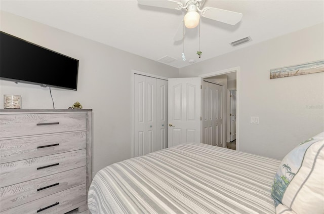 bedroom featuring ceiling fan and a closet