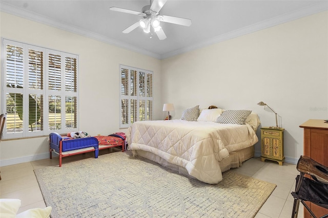 bedroom featuring crown molding, multiple windows, and light tile patterned floors