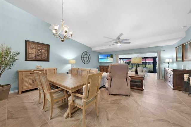 dining room featuring ceiling fan with notable chandelier