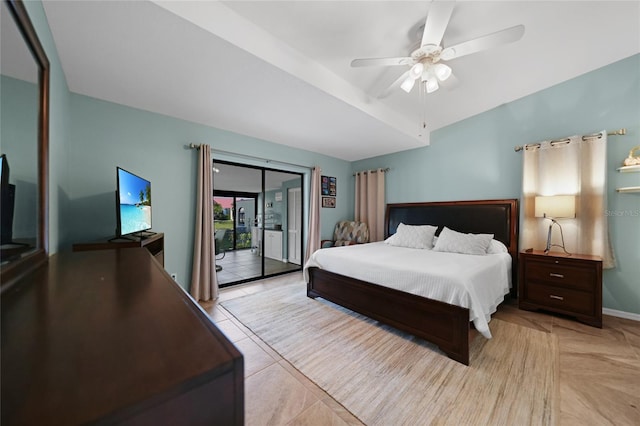 bedroom with access to outside and ceiling fan