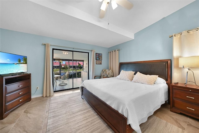 bedroom featuring ceiling fan, light tile patterned floors, and access to outside