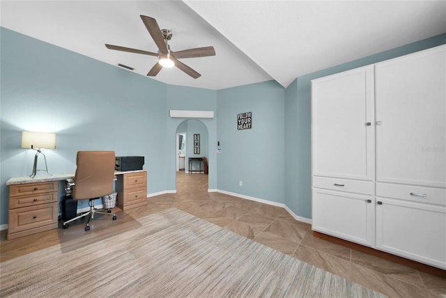 office area featuring ceiling fan and light tile patterned flooring