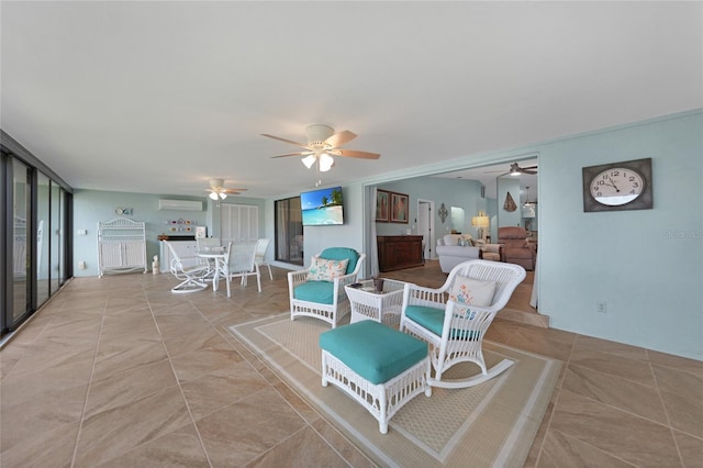 living room with a wall mounted air conditioner and ceiling fan