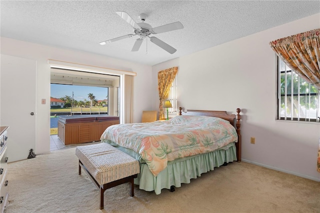 bedroom with multiple windows, access to outside, light colored carpet, and a textured ceiling