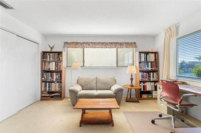 living area featuring a wealth of natural light and light colored carpet