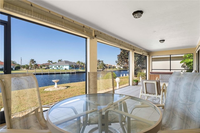 sunroom / solarium with a water view