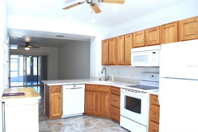 kitchen featuring ceiling fan, sink, white appliances, and kitchen peninsula