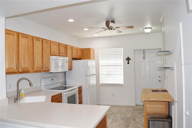 kitchen featuring ceiling fan, white appliances, kitchen peninsula, and sink