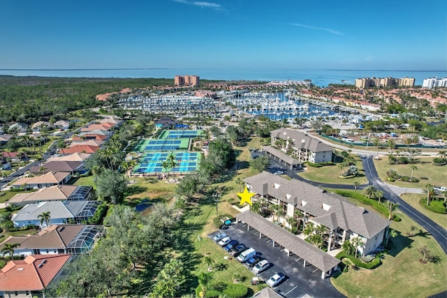 bird's eye view with a water view