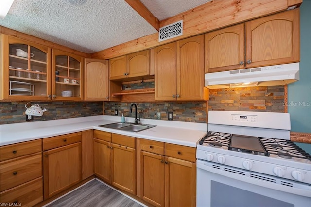 kitchen with sink, a textured ceiling, dark hardwood / wood-style floors, white gas range, and decorative backsplash