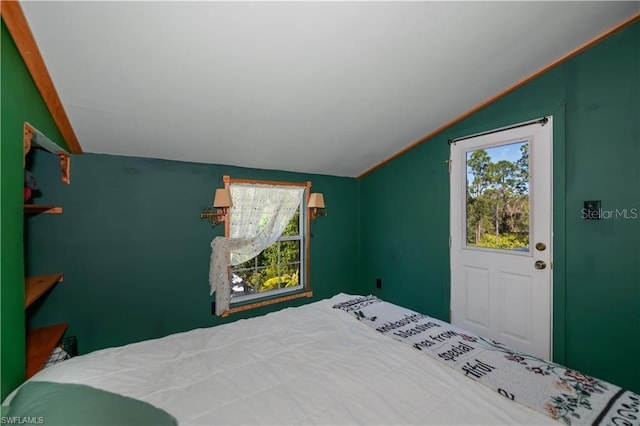 bedroom featuring multiple windows and vaulted ceiling