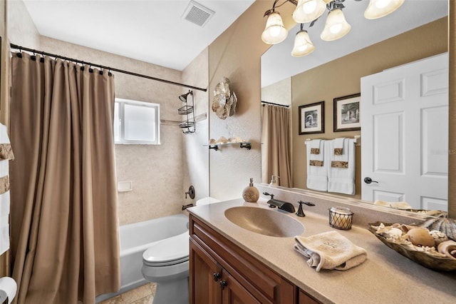 full bathroom featuring shower / bath combination with curtain, vanity, toilet, and a notable chandelier