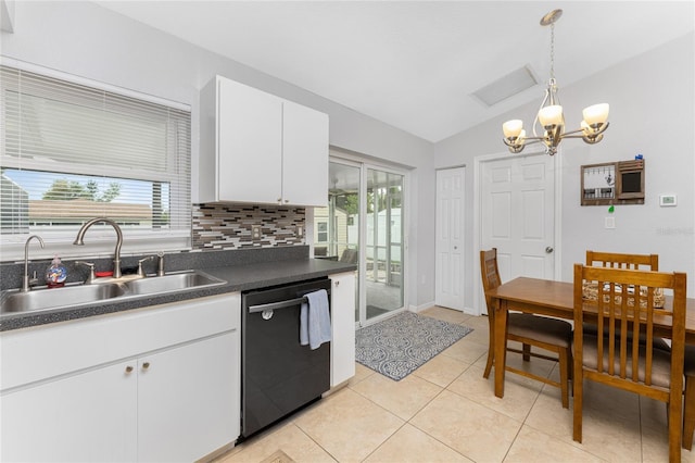 kitchen featuring white cabinetry, dishwasher, sink, lofted ceiling, and hanging light fixtures