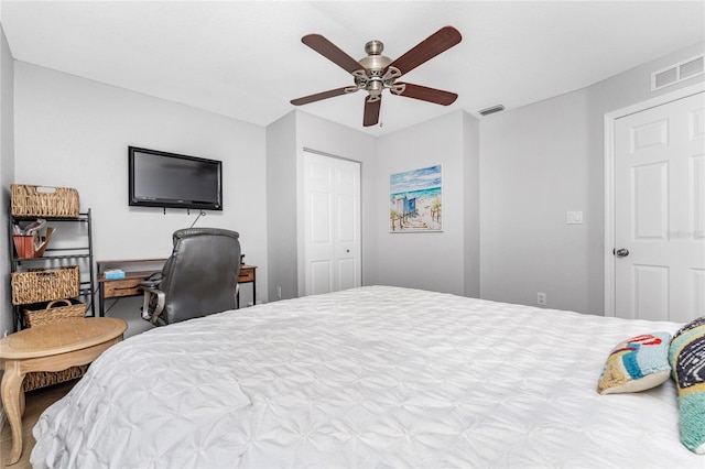 bedroom featuring ceiling fan and a closet