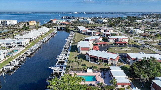 bird's eye view with a water view