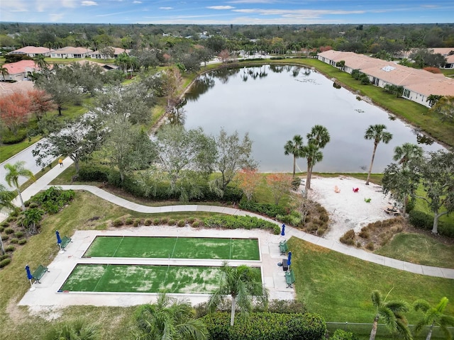 drone / aerial view featuring a water view