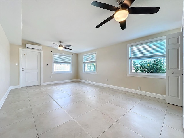 unfurnished room featuring light tile patterned flooring, vaulted ceiling, and a wall unit AC