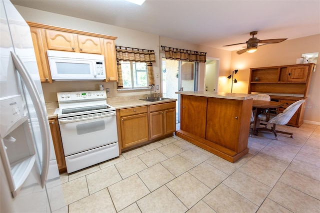 kitchen with sink, white appliances, light tile patterned floors, ceiling fan, and kitchen peninsula