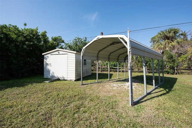 view of parking with a lawn and a carport