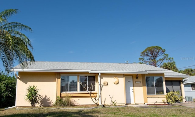 view of front of home with central air condition unit, roof with shingles, and stucco siding