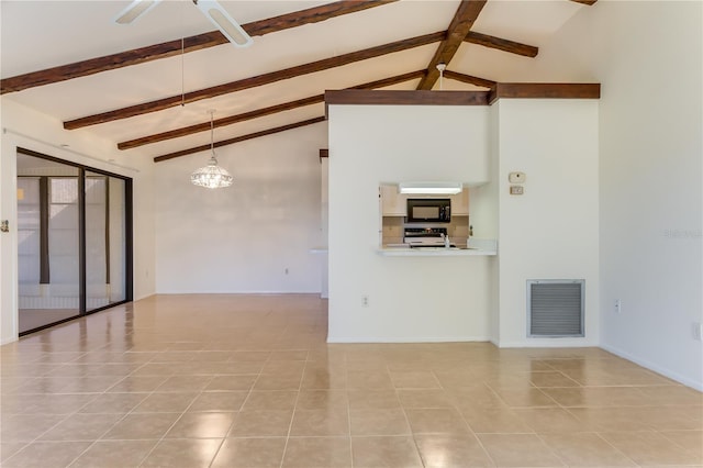 unfurnished living room with beamed ceiling, ceiling fan, high vaulted ceiling, and light tile patterned floors