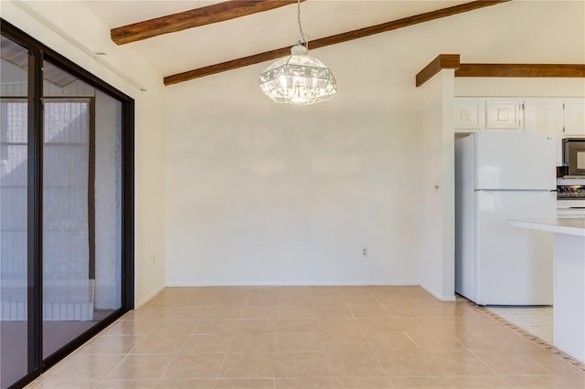 kitchen featuring white cabinetry, hanging light fixtures, beam ceiling, a notable chandelier, and white fridge