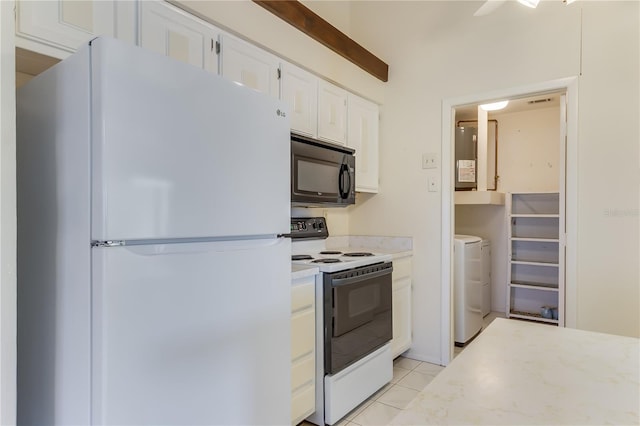 kitchen featuring light tile patterned floors, white appliances, independent washer and dryer, and white cabinets