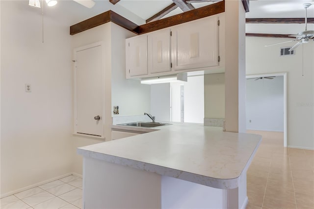 kitchen featuring sink, white cabinets, ceiling fan, and kitchen peninsula