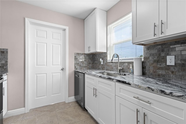 kitchen with sink, white cabinetry, light stone counters, stainless steel dishwasher, and decorative backsplash