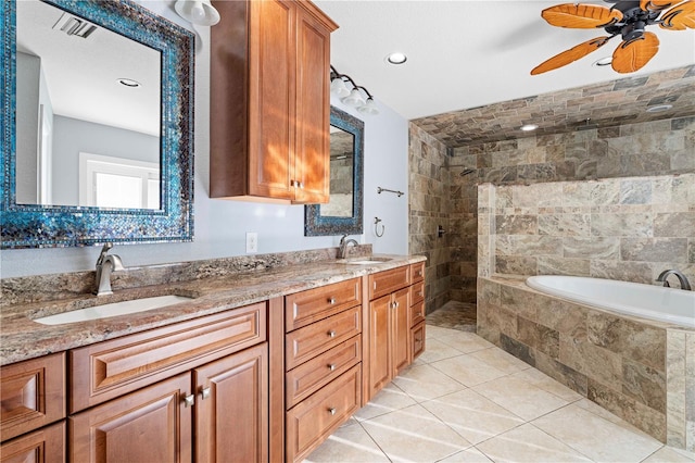 bathroom with vanity, ceiling fan, tile patterned floors, and separate shower and tub