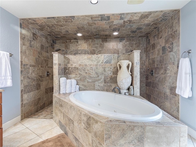 bathroom with tile patterned flooring and plus walk in shower