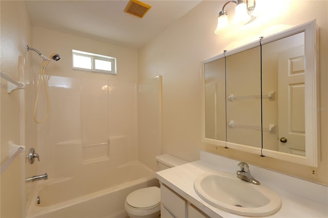 full bathroom with vanity, tub / shower combination, and toilet