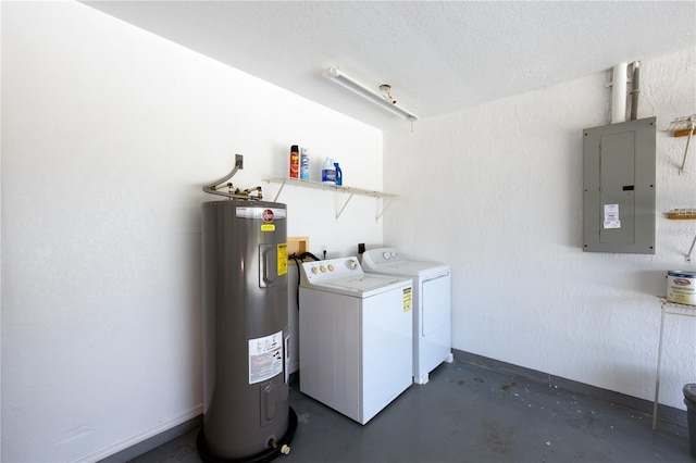 laundry room featuring separate washer and dryer, electric water heater, electric panel, and a textured ceiling