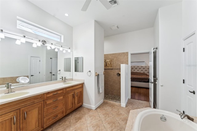 bathroom with ceiling fan, vanity, shower with separate bathtub, and tile patterned flooring