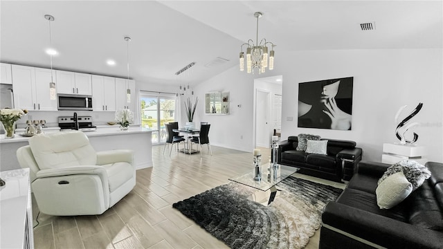 living room featuring lofted ceiling